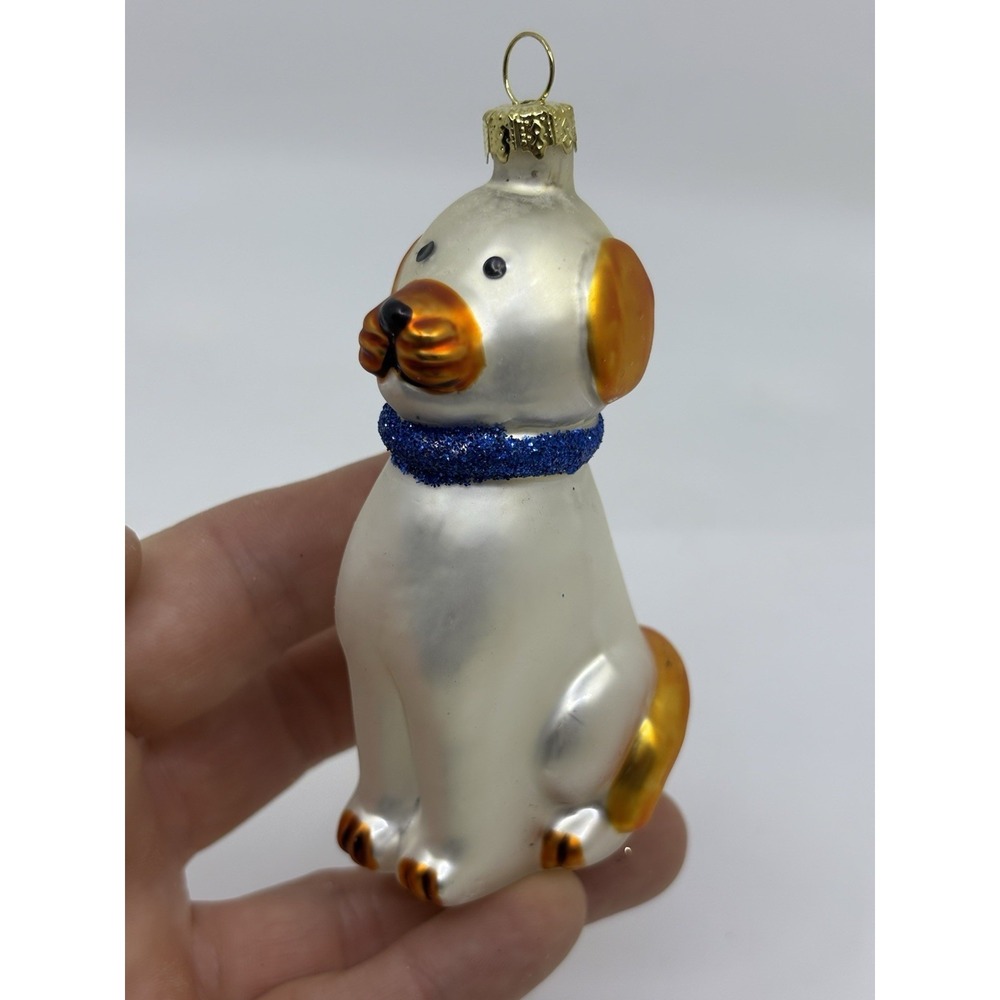 Hand Blown Glass White Dog Ornament Blue Collar